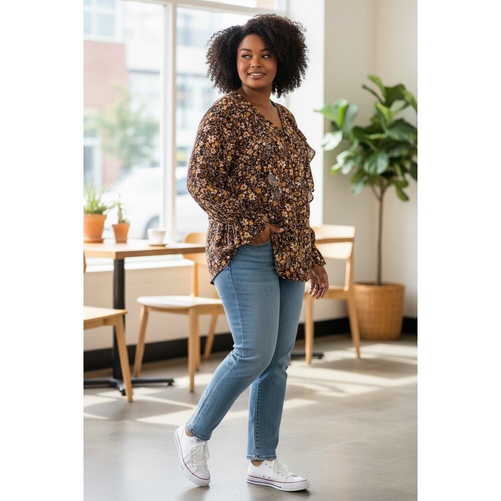 Cato Woman Floral Blouse 26/28 | Brown Boho Flowy Top Stretch